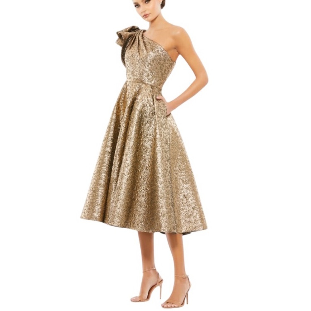 NWOT MAC DUGGAL Gold One Shoulder Bow Midi Dress - Size 4